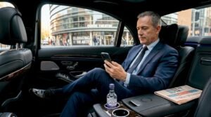 Executive in luxury car outside Leicester theatre