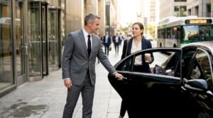 Chauffeur opening car door for executive