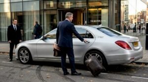Executive with chauffeur at luxury car outside Leicester hotel